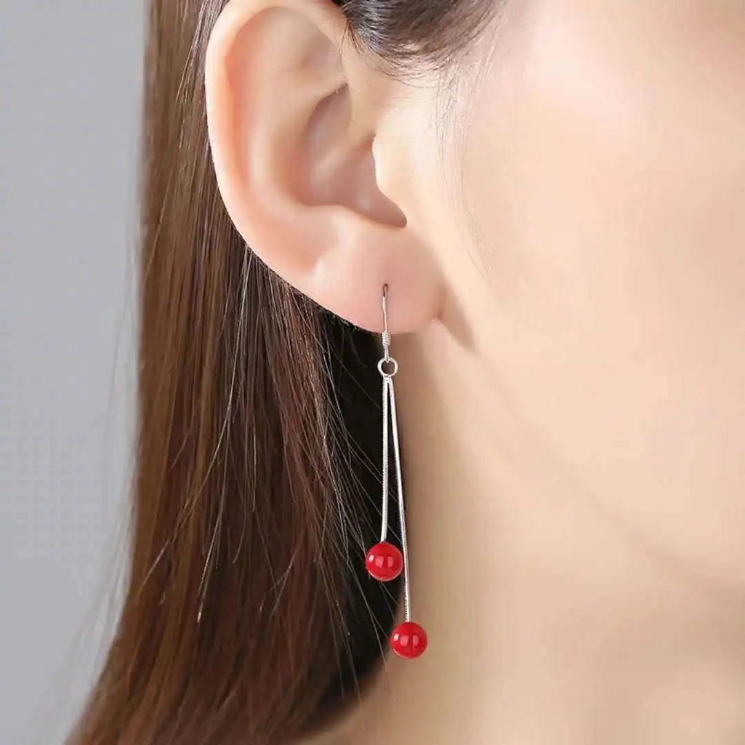 

Temperament simple cherry long earrings female tassel ear line personality wild ear jewelry