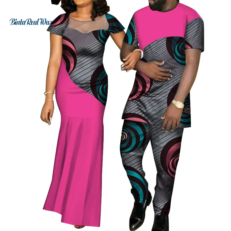 

African Dresses for Women Bazin Mens Shirt and Pants Sets Lover Couples Clothes Print Yarn Dress African Design Clothing WYQ126