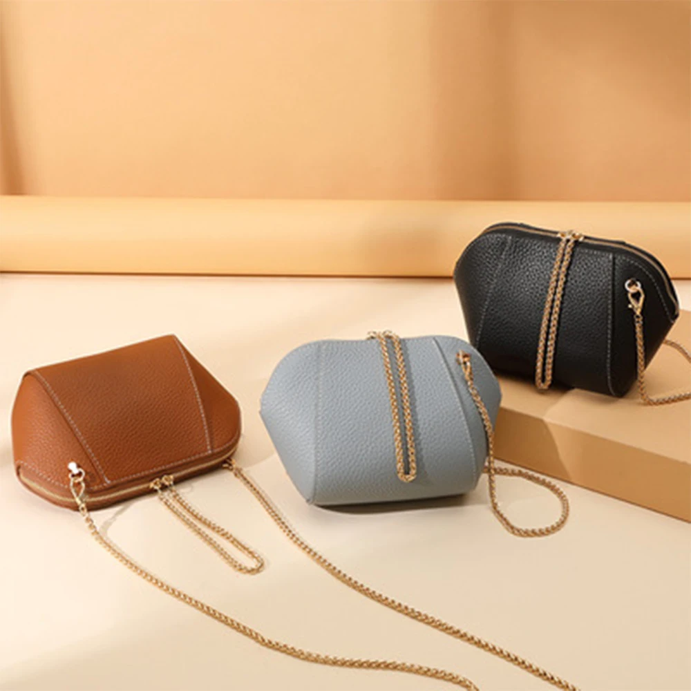 

New Mini Genuine Leather Lady Diagonal Bag Chain Small Bag Leather Mobile Phone Bag Shell Bag Lady Shoulder Bag Wallet
