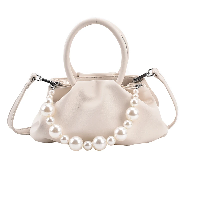

Solid color Pleated Pearl Tote bag 2021 Summer New PU Leather Women's Designer Handbag Luxury brand Small Shoulder Messenger Bag