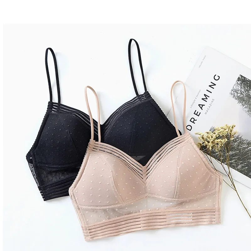 

2020 New Sexy Low Back Lace Bralette Black Bra Set dot mesh Ultra Thin Ladies Underwear Women Lingerie Sexy Crop Top Femme Bra