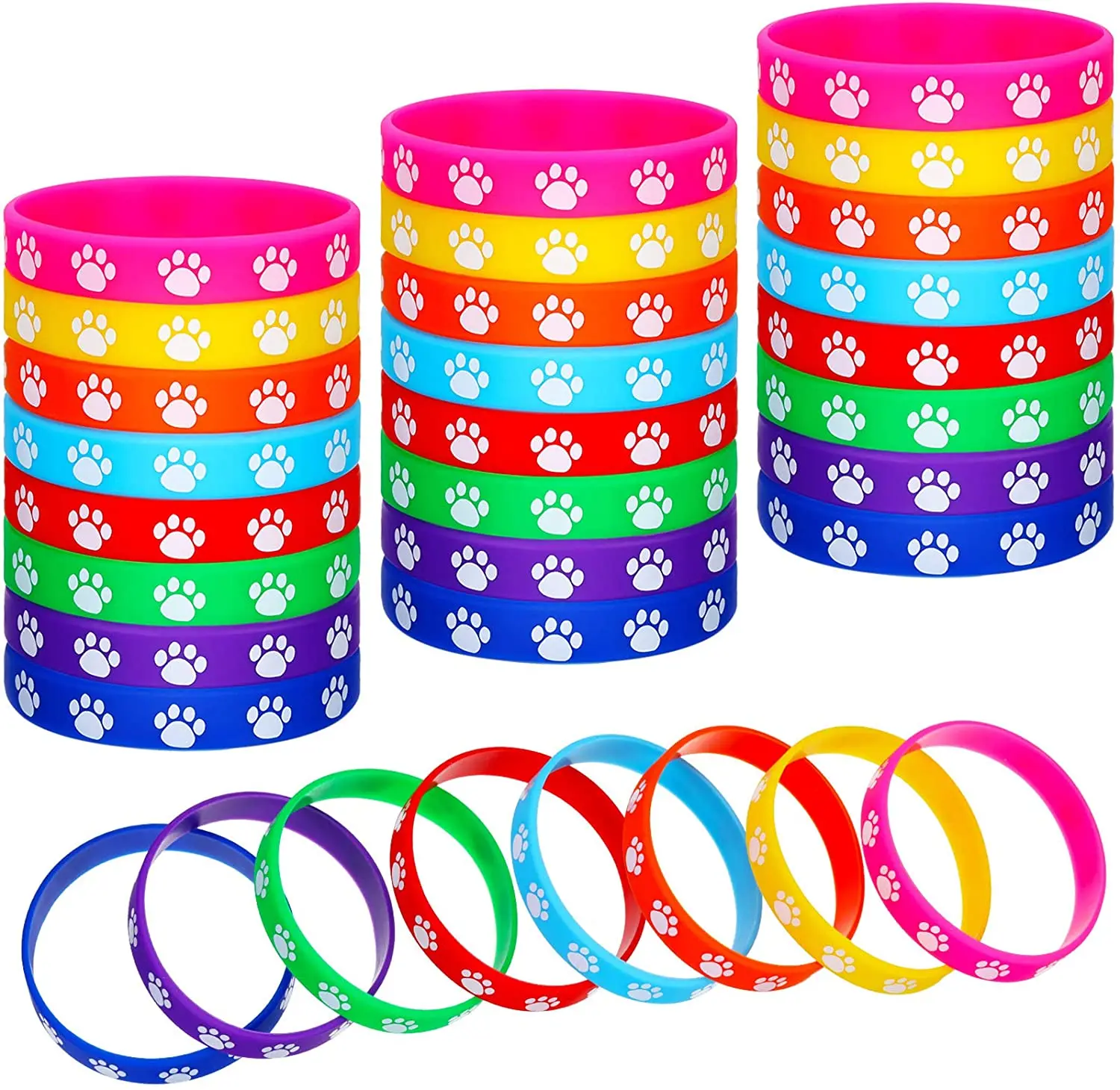 

50Pieces Paw Print Rubber Bracelets Set for Women Men Multicolor Silicone Stretch Wristbands for Birthday Party Supplies