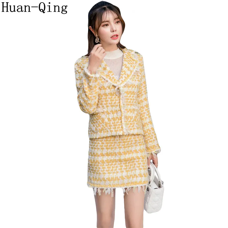 Маленький аромат шерстяной желтый комплект из 2 предметов осенний женский костюм