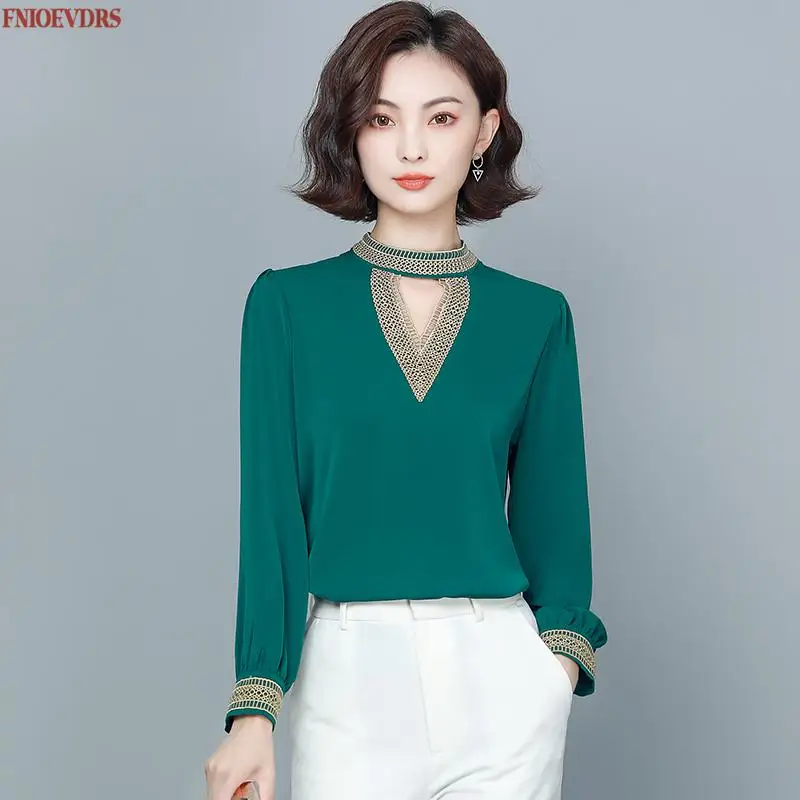 

Women Long Sleeve Blouse Top Simple 2020 Autumn Elegant Silk Imitation Soft Loose Solid Color Shirt Champagne Black Green