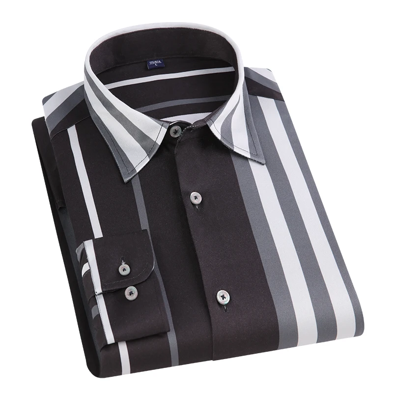 Summer Man Shirt Long Sleeve Striped No Ironing Werstern Fashion Slim Fit Button Up Casual Anti Wrinkle Blouse