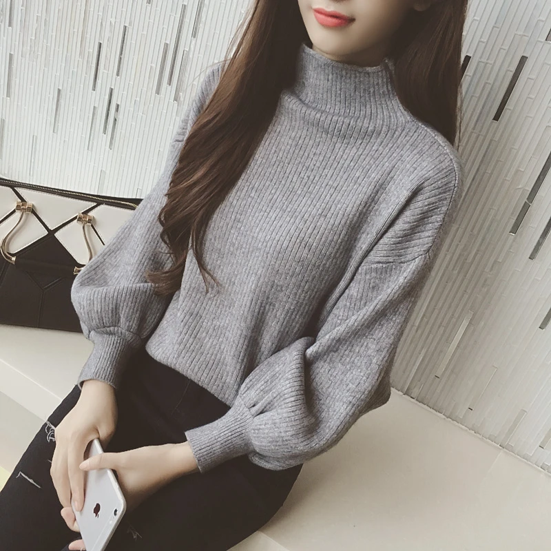 

Vintage Half Turtleneck Sweater Spring Autumn Women 2021 New Korean Fashion Lantern Sleeve Knitted Pullovers Female Warm Jjumper