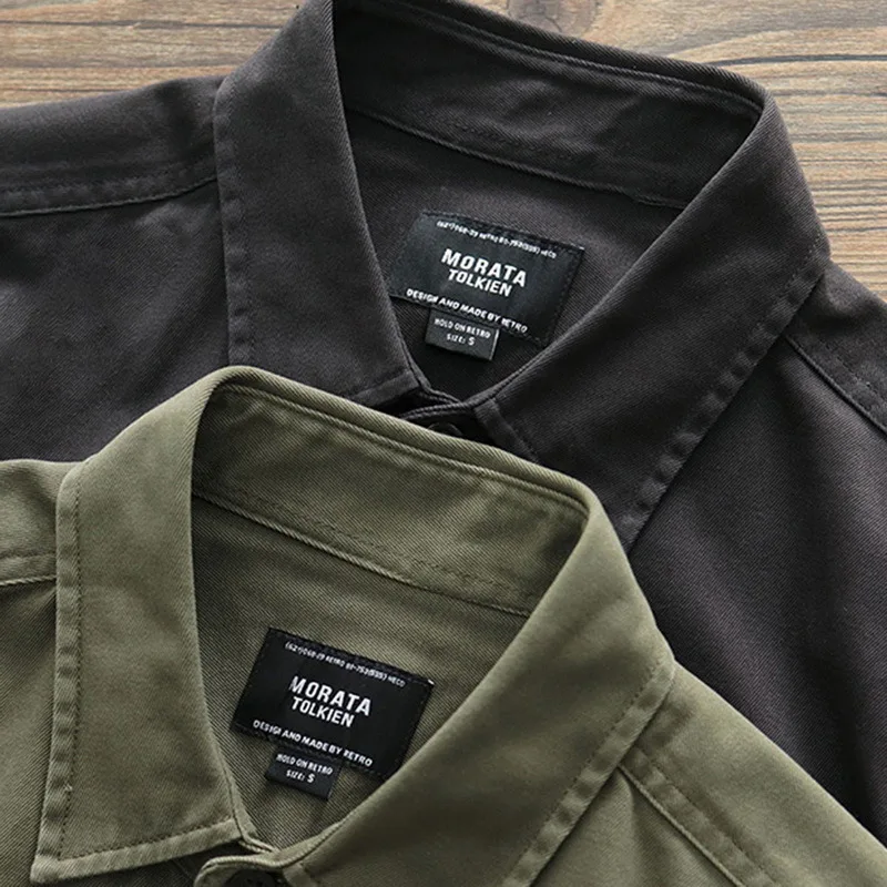

Puimentiua 2021 Male Cargo Work Shirts New Pure Cotton Military Shirt Men Long Sleeve Casual Dress Ami Kaji American Retro Shirt