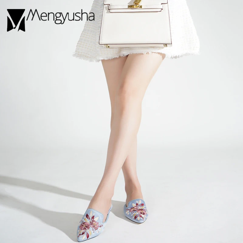 Шелковый Вышитые шлепанцы женская обувь роскошные брендовые тапочки Туфли без