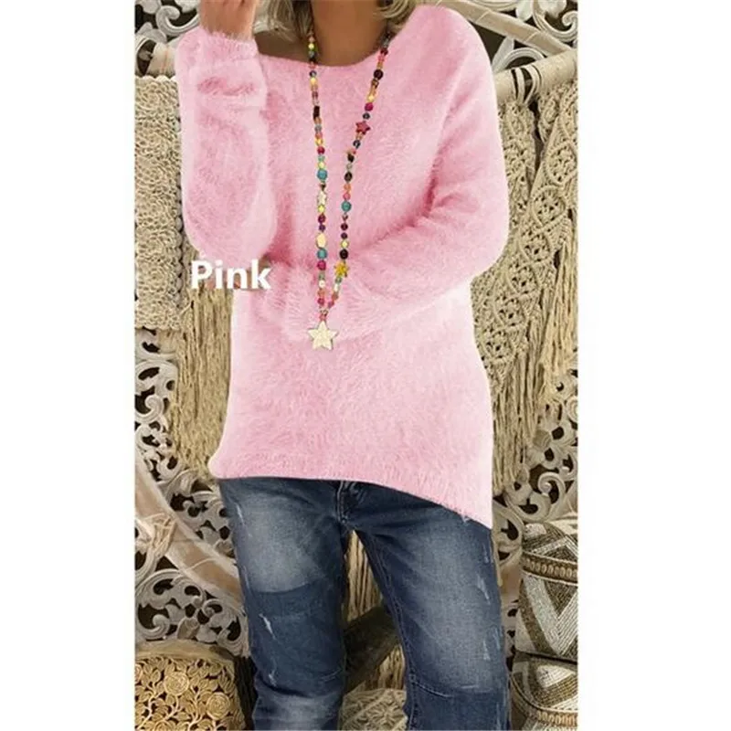 Вязаный Пушистый Плюшевый женский свитер с длинным рукавом розовый милый