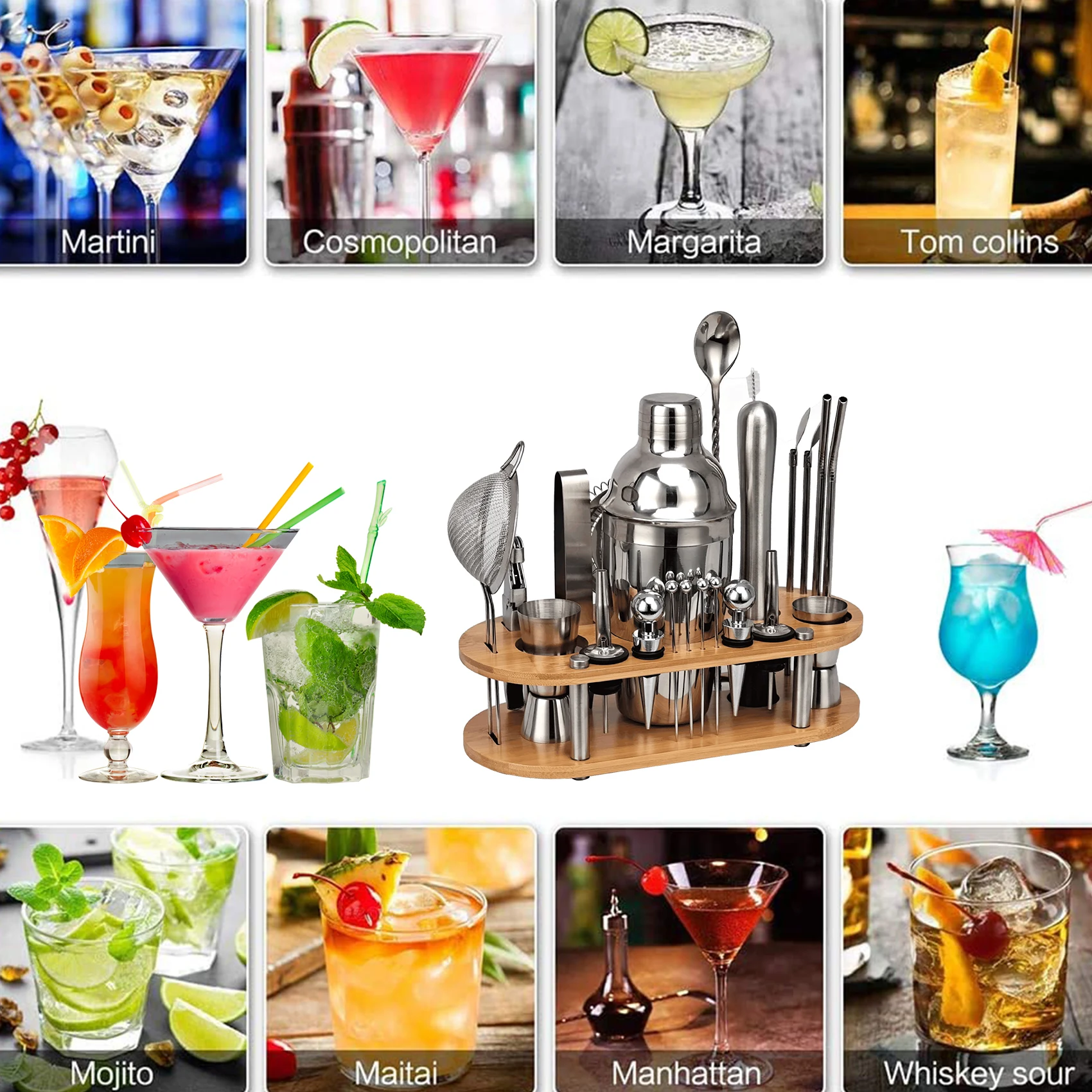 Juego de coctelera de 23 piezas, Kit de camarero con soporte de bamb&uacute; ovalado desmontable, herramientas de Bar para el hogar de acero inoxidable, regalo perfecto-1