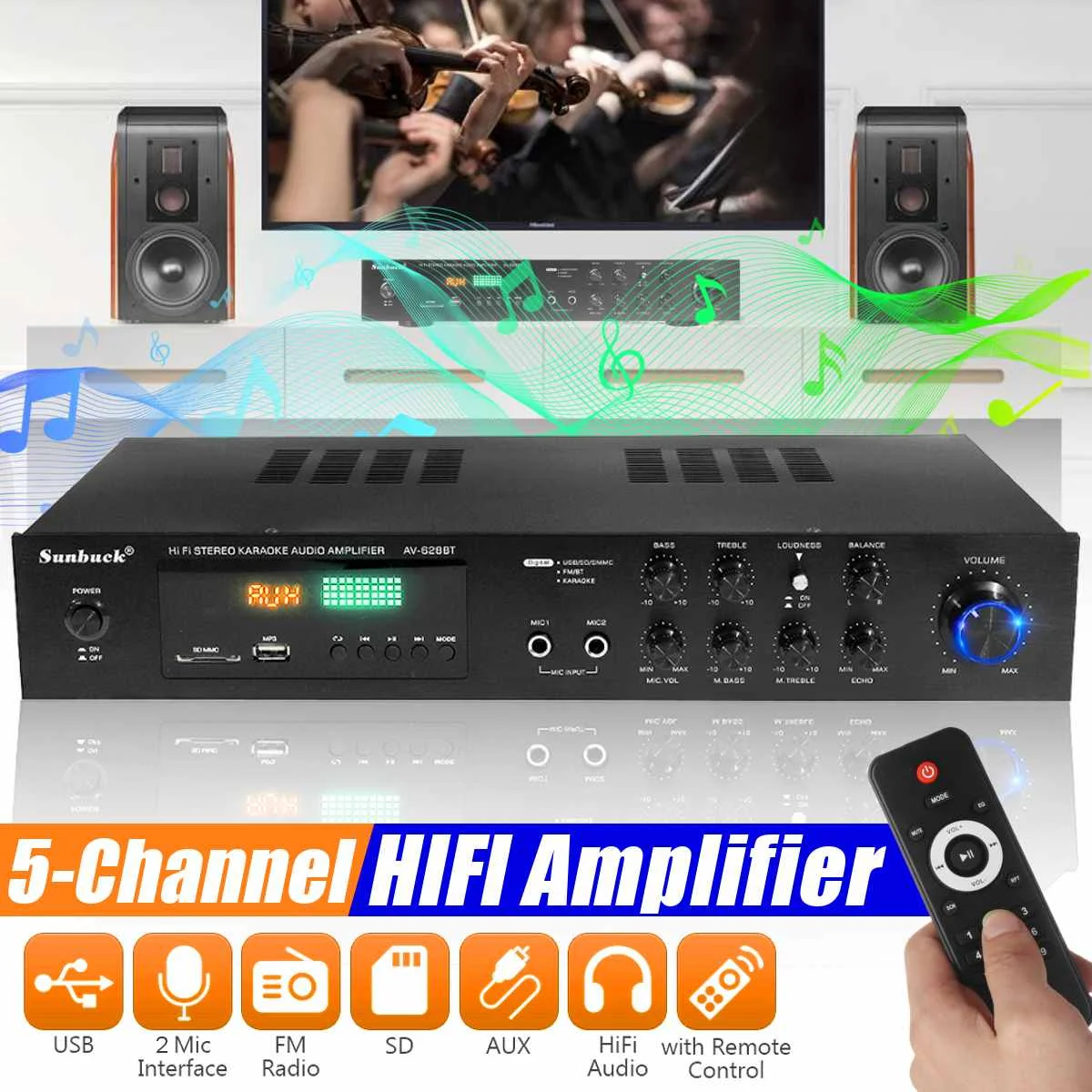 

SUNBUCK Audio AV-628BT Bluetooth Sound Power Amplifier 2000W AC 110V 220V HiFi Stereo Audio Class D Amp Bass Treble For Speakers