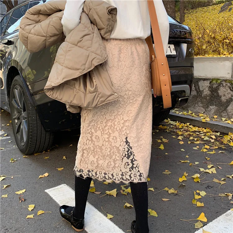 Женская кружевная юбка двусторонняя Свободная с высокой талией и поясом на