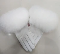 female luxury real leather gloves with real fox fur cuff women warm winter genuine leather gloves ladies casual hand warmer