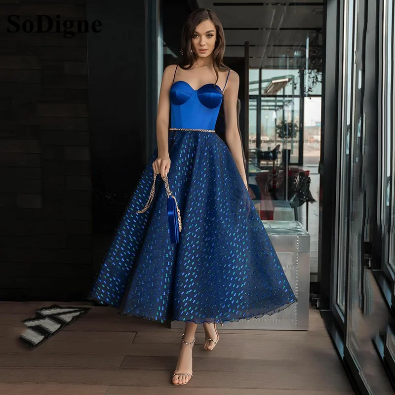 

SoDigne Dot Tulle Short Prom Dresses Navy Blue Tea Length Evening Gown 2021 Hot Sale Women Wedding Party Dresses