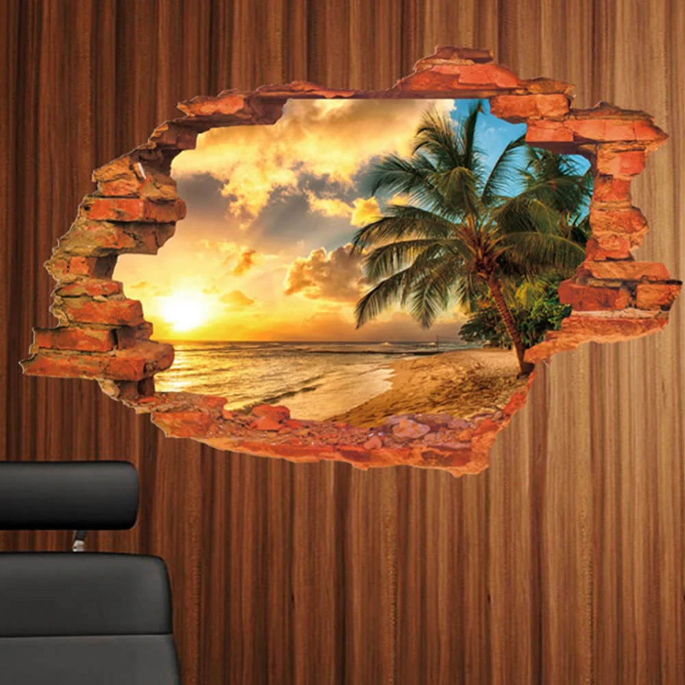 

Creative 3D Scenery Wall Sticker Waterproof and Anti-corrosion Sunset Scenery Seascape Island Coconut Trees Household Adornment