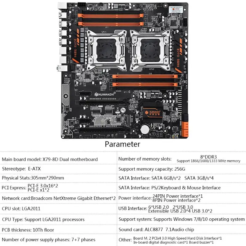Verkaufen Huananzhi X79-8D Motherboard Dual CPU LGA 2011 E5 2689 2670 V2 DDR3 1333/1600/1866MHz 256GB M.2 NVME SATA3 USB 3,0 E-ATX