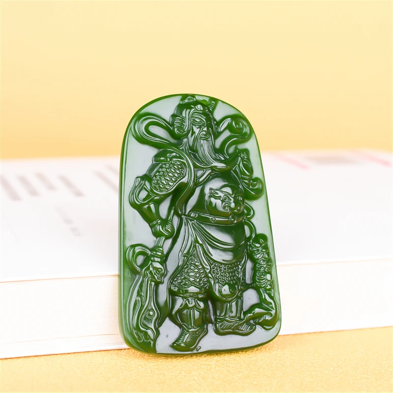 Натуральный зеленый нефрит Guan Yu кулон ожерелье Китайский ручной резной Шарм Jadeite