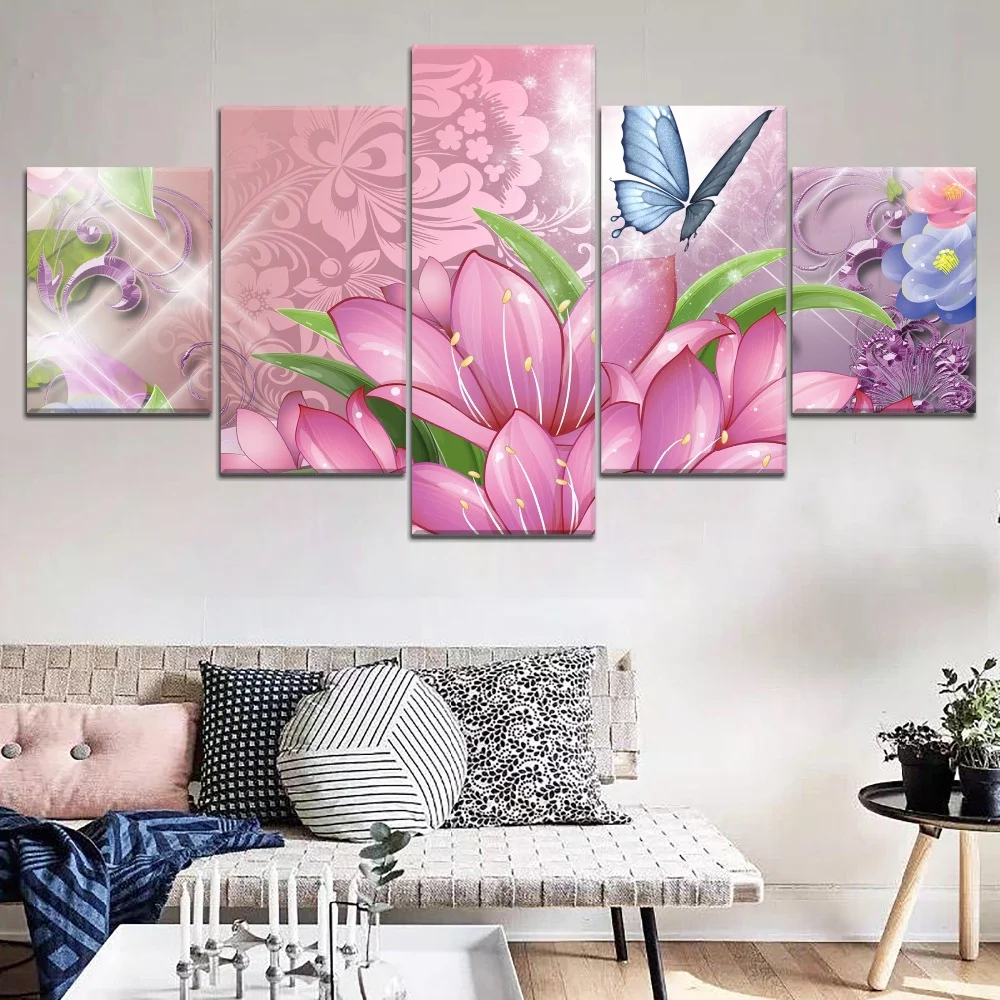 

Canvas Painting 5 Panel Purple Flower Butterflies Landscape Canvas Wall Art Home Decor For Living Room Wall Picture