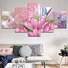 Картина на холсте, 5 панелей, фиолетовые цветы, бабочки, пейзаж, настенное искусство, домашний декор для гостиной, Настенная картина