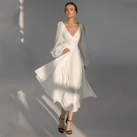 fashion v neck puff sleeves wedding dress simple backless a line short bridal gowns tea length wedding dresses
