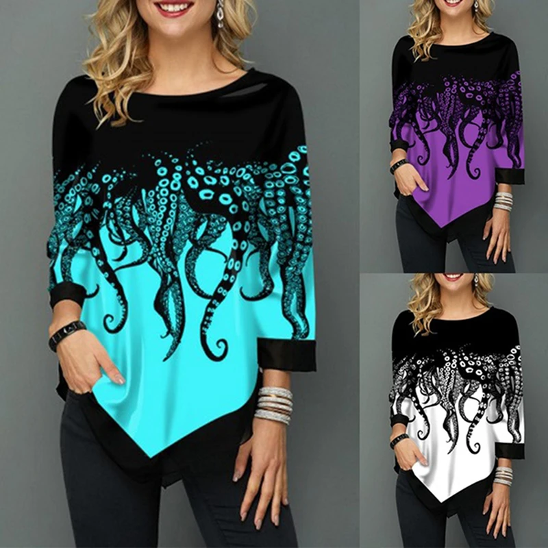 Новые осенние женские топы с модным цветочным принтом и асимметричным подолом