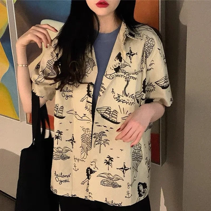 

Blouse Women Oversize Harajuku Vintage Shirt Street Style Button Up Printed Short Arm Shirt Korean Fashion Summer Top