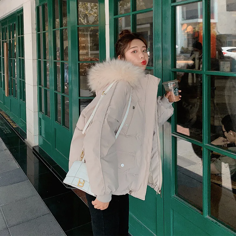 Winter Warm Hooded Parkas Women Loose Short Big Furry Collar Down Jacket Casual Commute Winter Clothing Solid Colors Overcoats