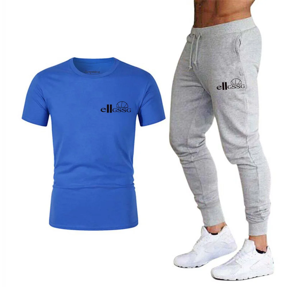 

Men's casual sports suit breathable T-shirt drawstring trousers solid color printing fashion simple style fitness jogging