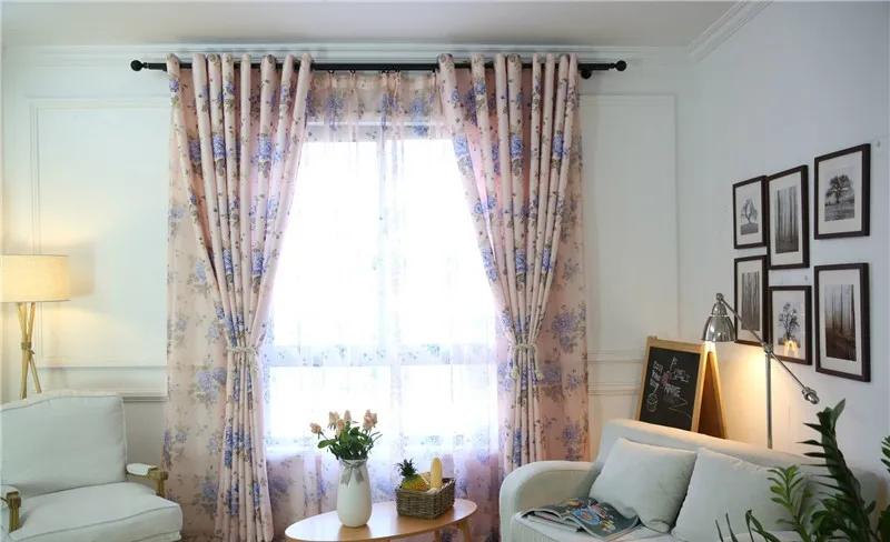 Blue Floral Curtain For Living Room Luxury Semi Blind Drape Window Panel Fabric Curtain For Bedroom Shading Pink Sheer HM386*30