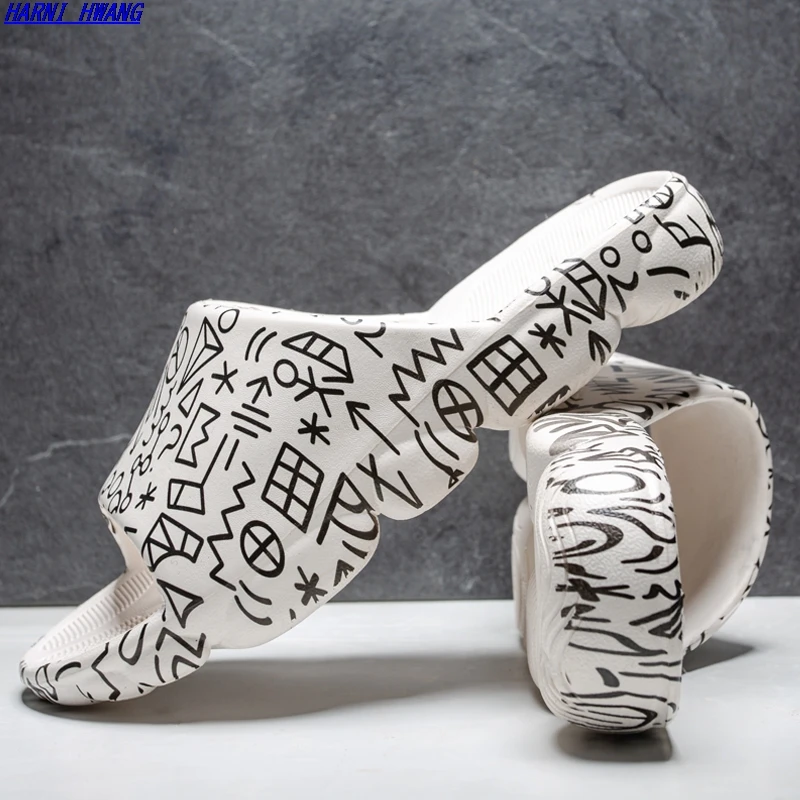 

Summer Men's Slippers Flip Flops Couple Graffiti Thick-soled Lightweight Bathroom Outdoor Eva Sandals Large Size Men's Shoes