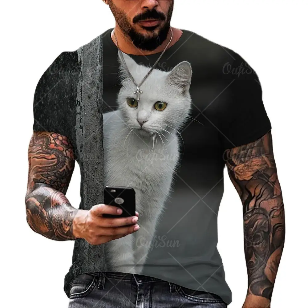 

New 3D Print Cute Cat Pattern Summer Casual Men T-shirt Round Neck Breathable Men's Shirt Daily Streetwear Short Sleeve T-shirts