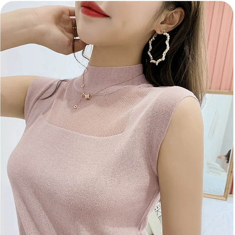 

Half High Collar Sexy Tank Tops Women Sleeveless Knitted Vest Female Elasticity Solid Slim Pullover 2021 Summer Solid Bottoming