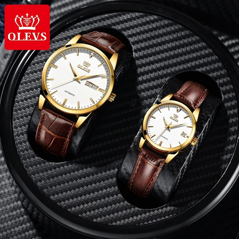 OLEVS Fashion Couple Watches Automatic Watch Leather Strap Design Brand Women Men's Mechanical Wristwatches montre homme femme