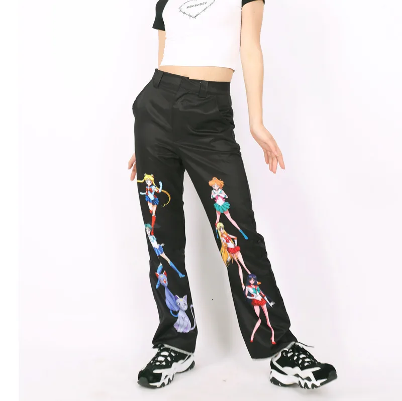 Anime Pretty Guardian Sailor Moon Print Women Trousers Loosen Long Pants Mid Waist Pant Female Harajuku Hip Hop Punk Streetwear