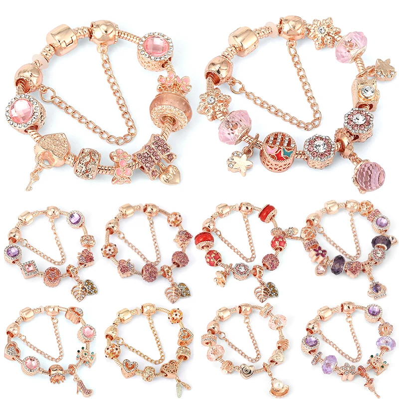 

BRACE CODE 2021 New Rose Gold Necklace Pink Charm Women Bracelet DIy Charms Bubble Bead Fine Lady Bracelet Direct Gift Sales