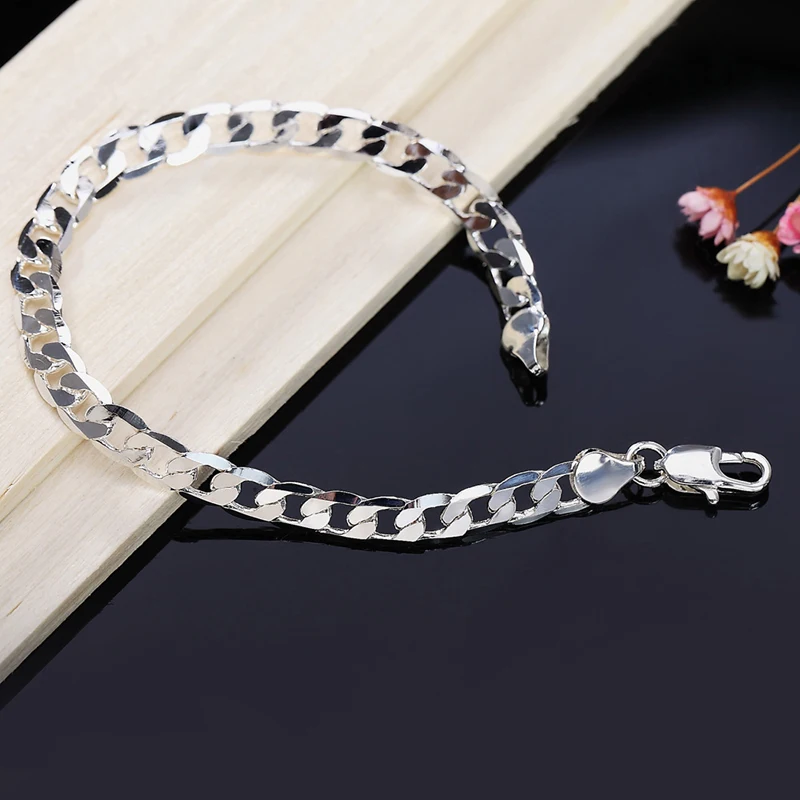 925 Silver Bracelets 8MM 10MM Flat Link Chain Women Men Wedding Fashion Jewelry | Украшения и аксессуары