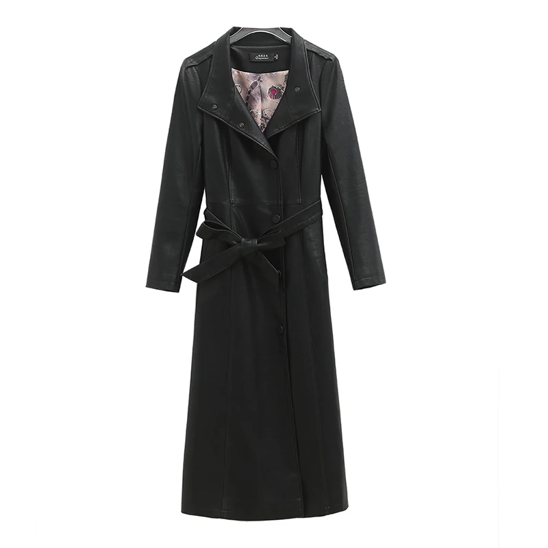 Женский Длинный кожаный тренчкот X long модный из искусственной кожи с поясом Осень