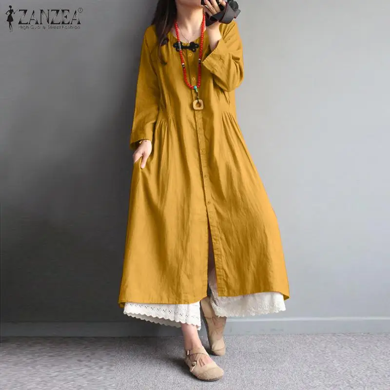 

Повседневный Однотонный сарафан-миди, женское осеннее платье-рубашка, винтажный сарафан из хлопка с круглым вырезом