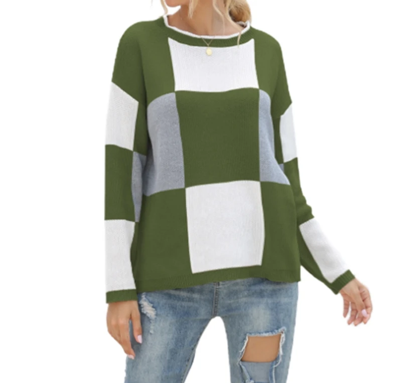 

Women Color Block Plaid Pullover Sweater Round Neck Long Sleeve Fall Winter Knitwear Sweaters Sweater
