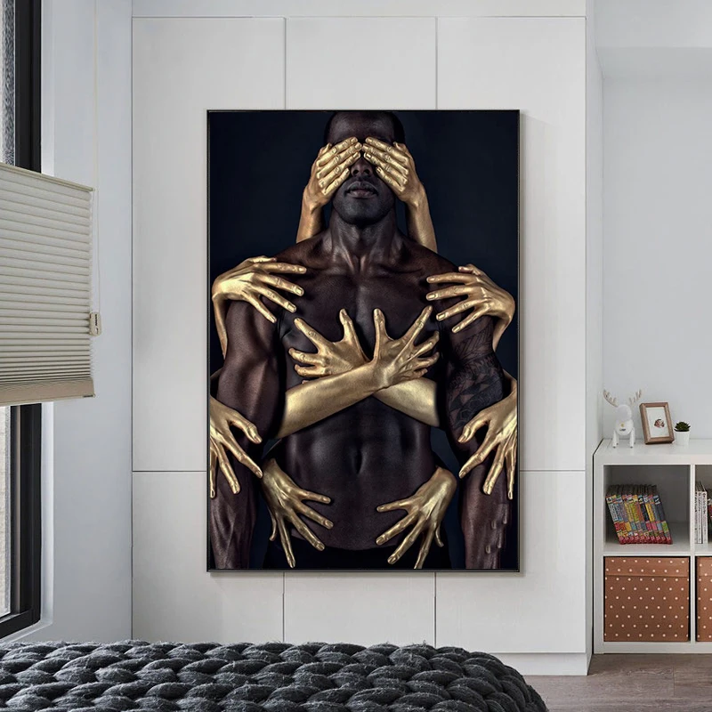 

African Art Black Gold Nude Man Woman Embrace Canvas Paintings Wall Art Posters and Prints Wall Pictures for Living Room Cuadros