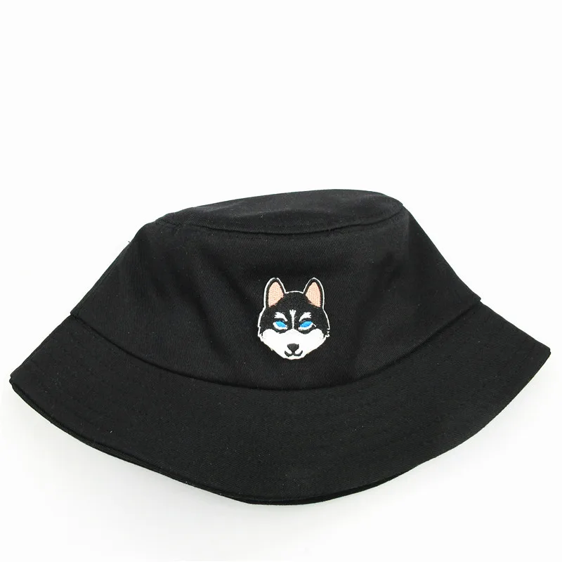 

Cartoon wolf dog embroidery cotton Bucket Hat Fisherman Hat outdoor travel hat Sun Cap Hats for kid men Women 156