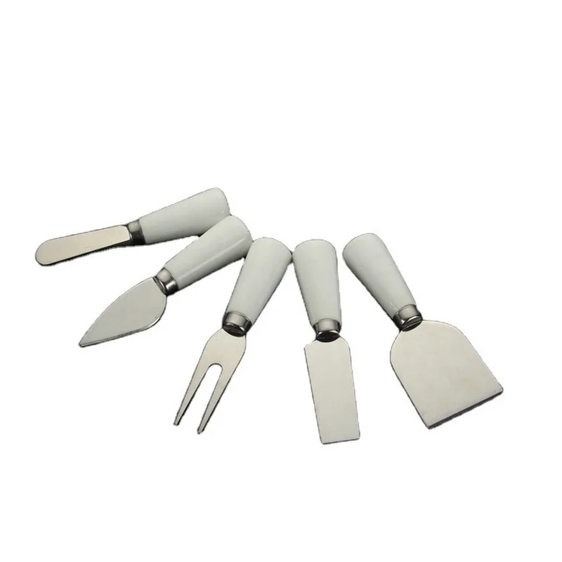 

5 pieces cheese knife and fork knife set, best cheese tableware, lovely Mini with white cream ceramic marble handle