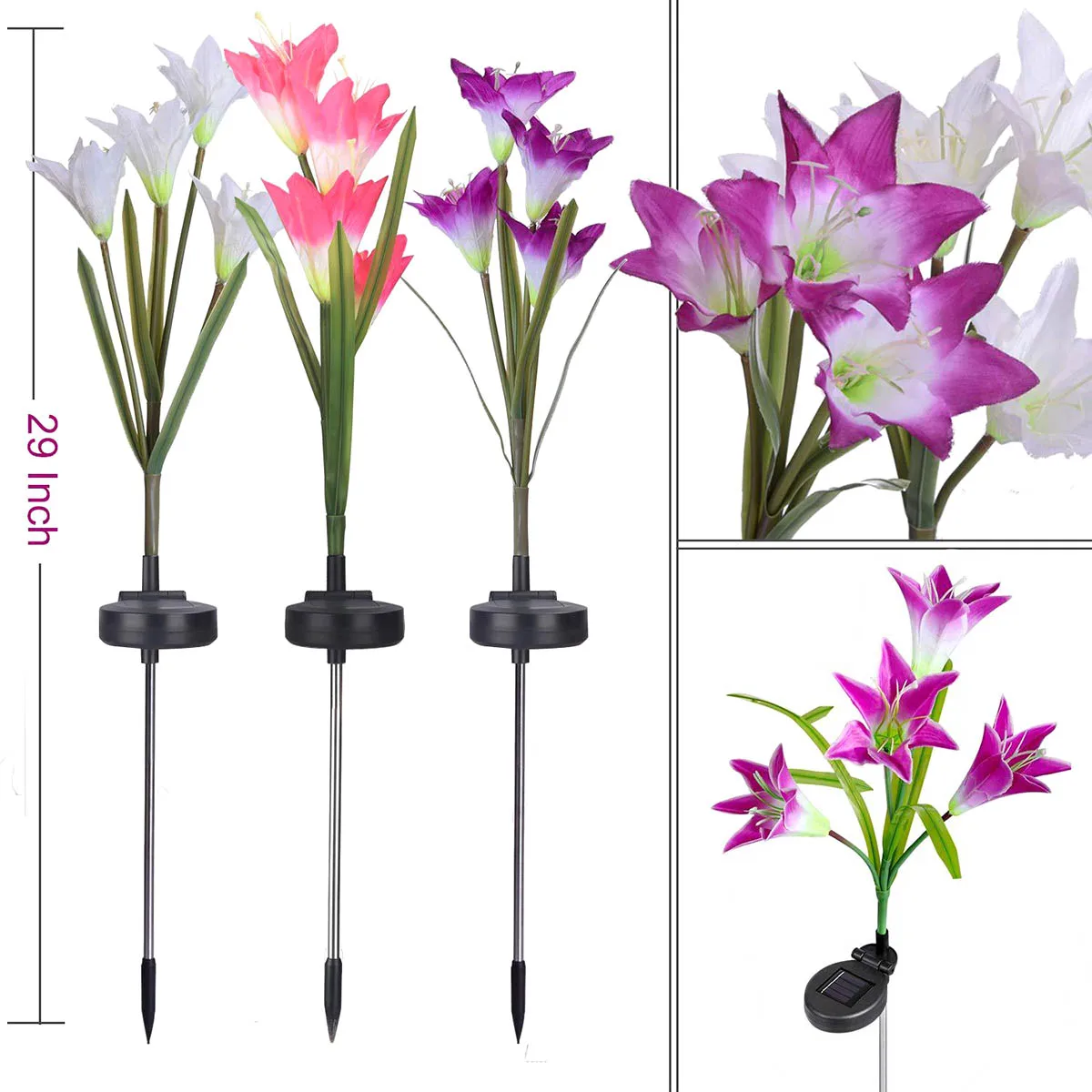 

White + Purple + Powder 3PCS Garden Solar Lights Color Changing LED Solar Stake Lights With 12 Lily Flower For Patio Backyard