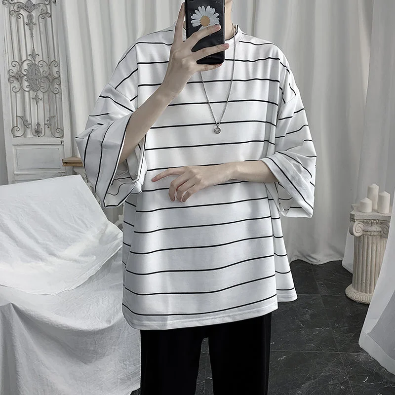 

Men's Loose Striped Tshirt Short Sleeve Casual Oversized Korean Style Harajuku Hip Hop Male Top Tees Summer New T Shirt