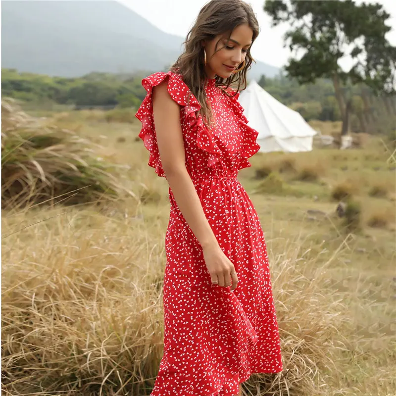 2021 New Summer Dot Print Dress Women Casual Butterfly Sleeve Ruffles Medium Long Chiffon Dress