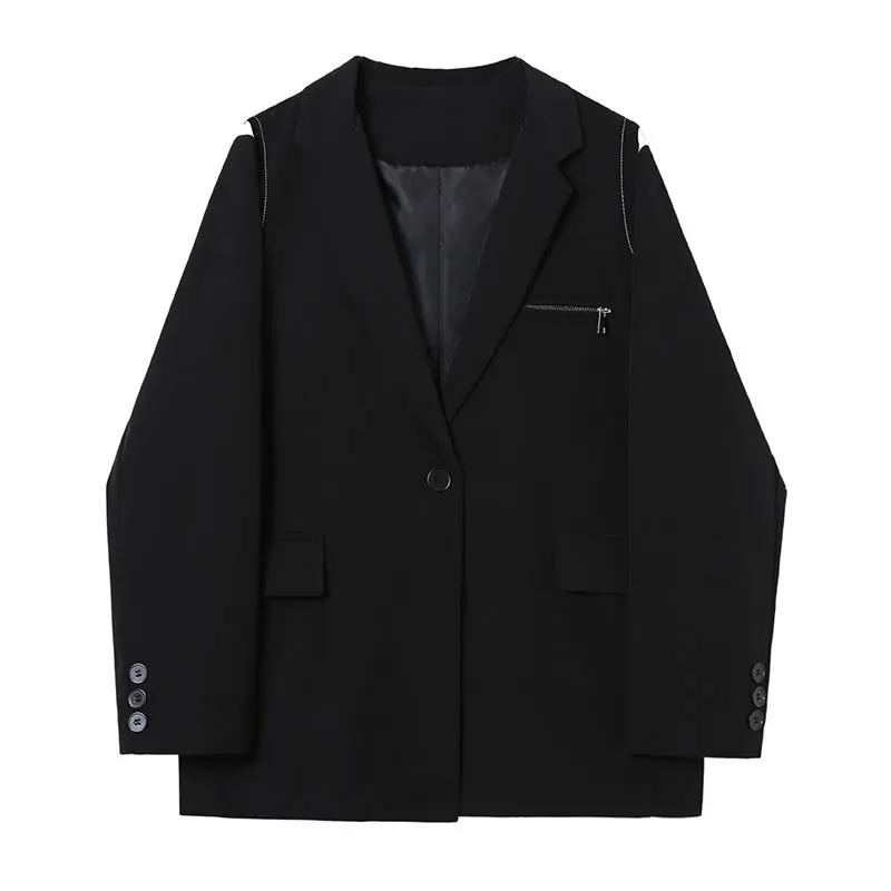 

XITAO Off Shoulder Blazer Women Patchwork Winter Tide Fashion New Style Notched Collar Long Sleeve Single Button Pocket ZY2293