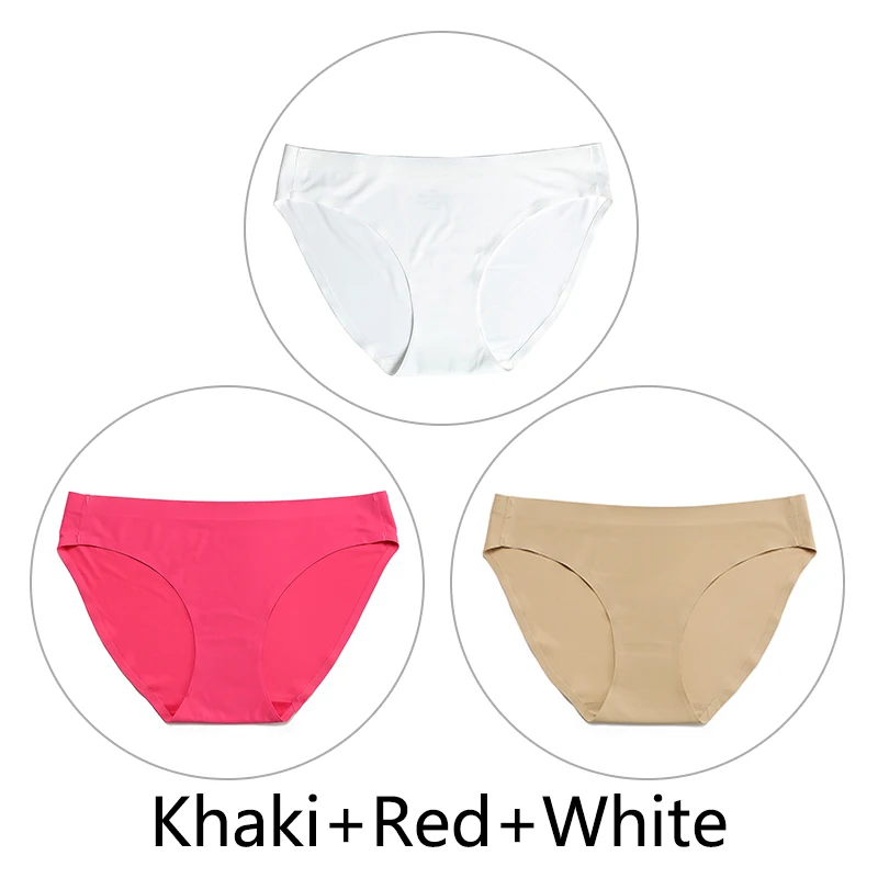 Khaki-Red-White 3 шт./партия, цельные бесшовные трусики, женское шелковое нижнее белье, сексуальные трусы с полной спинкой, нижнее белье с низкой посадкой, женское мягкое эластичное, американский размер - Цвет: Khaki-Red-White