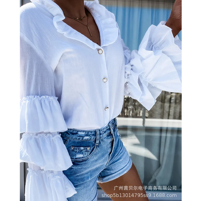 

WEPBEL Women's Elegant Ruffle Chiffon Shirt Blouse Ladies Casual Fashion Long Sleeve V Neck Single Breasted T-shirt Top