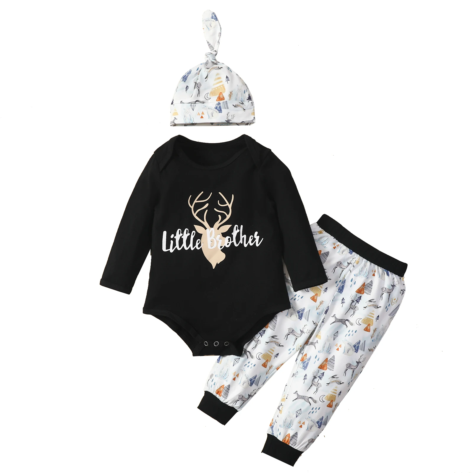 

3 Pcs Baby Girls Autumn Outfits, Letter & Deer Head Print Long Sleeve Round Neck Playsuit + Animal Pattern Pants + Knotted Cap