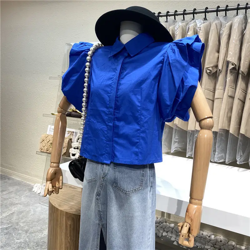 

Женская рубашка в Корейском стиле, новая летняя однобортная рубашка с летающим рукавом, уличная одежда, повседневная рубашка в стиле Харадз...